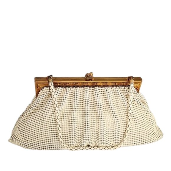 1950s Vintage Cream Beaded Metal Mesh Gold Framed Handbag By Whiting & Davis - Picture 2 of 7